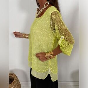 Lulu-B Textured Mesh Knit 3/4 Sleeve Layered Blouse Top in Yellow, Women's XL